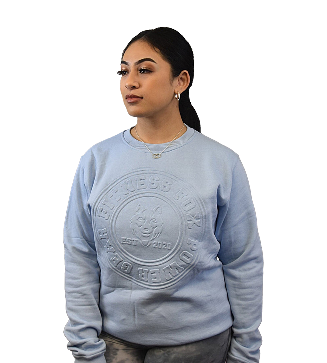 High-quality embossed crew neck sweater from Fitness Fox in light blue for a trendy look