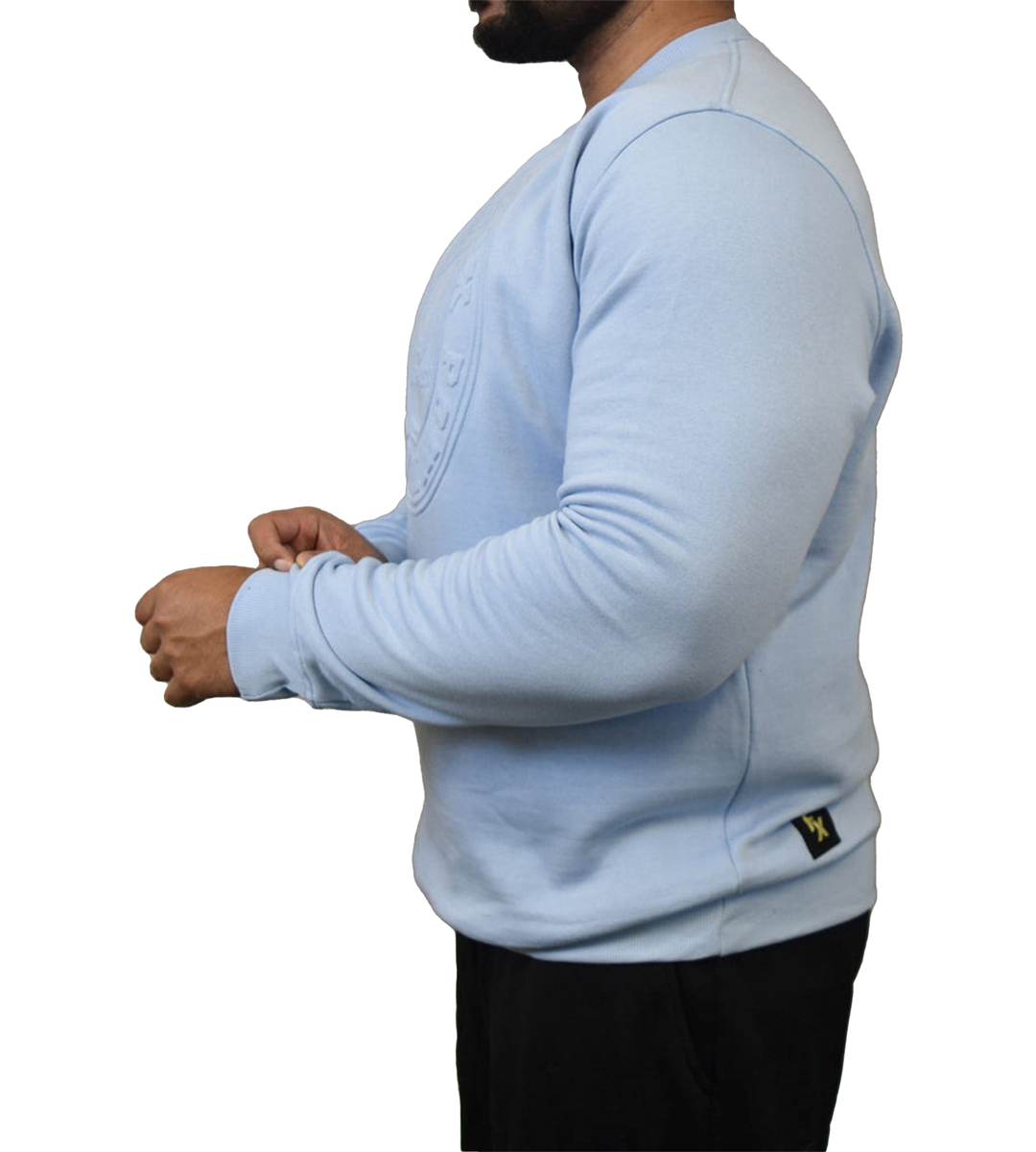 Comfortable light blue embossed crew neck sweater by Fitness Fox for gym and casual use