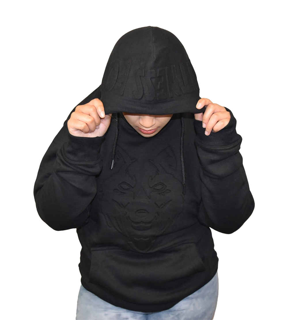 High-quality black embossed pullover hoodies by Fitness Fox for gym and casual use