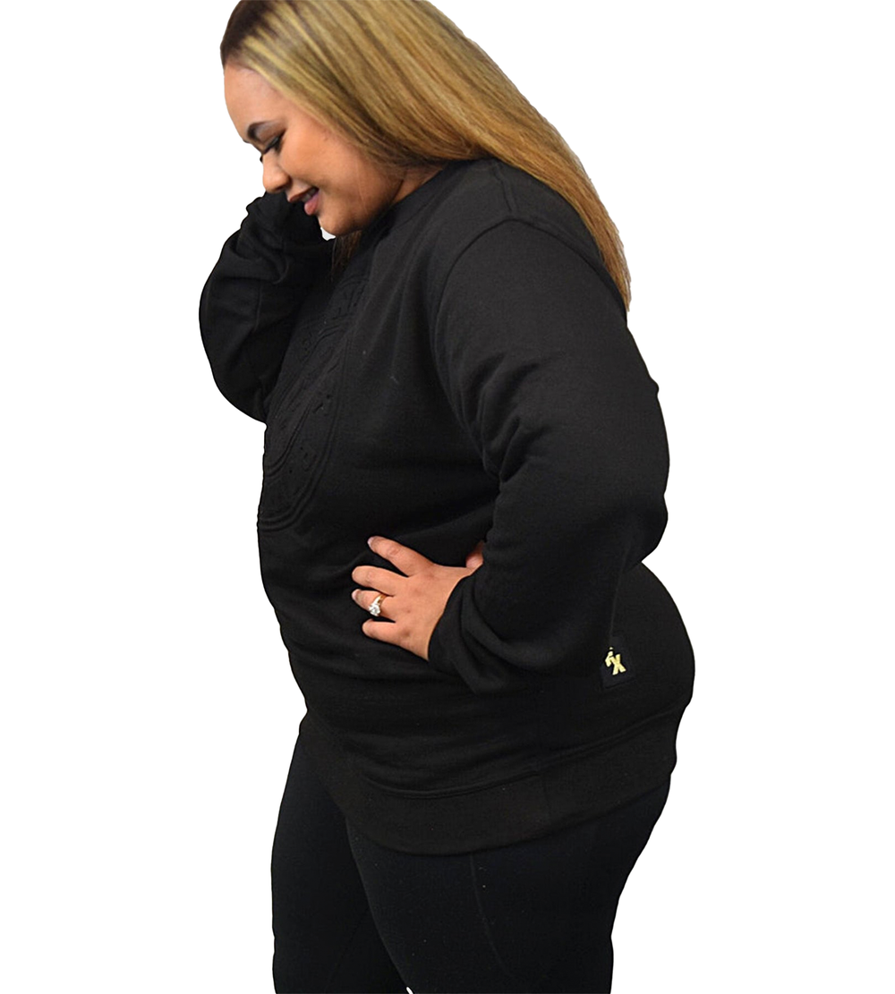 High-quality black embossed crew neck sweater by Fitness Fox for everyday comfort