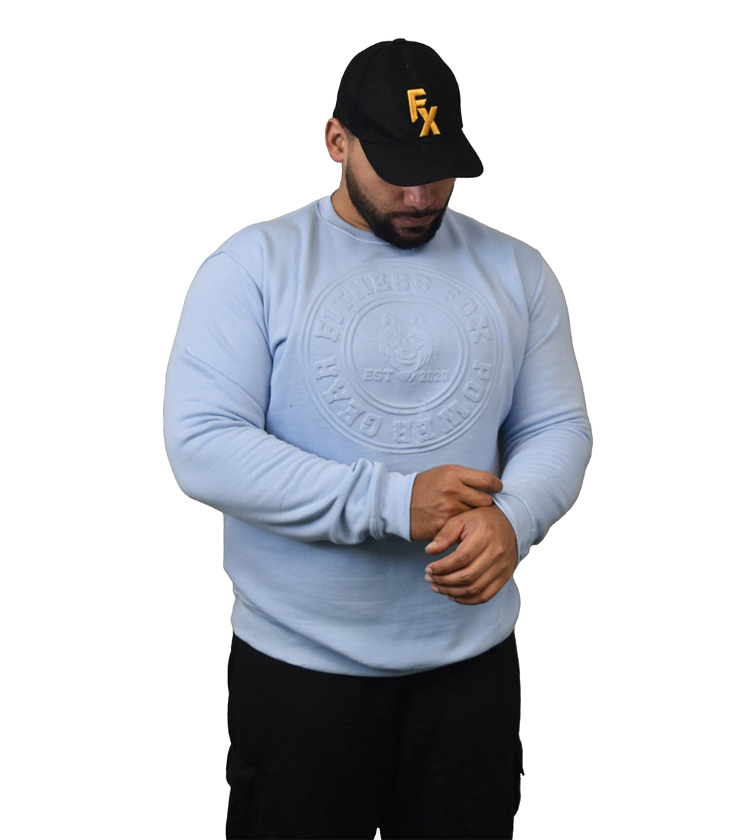 Stylish light blue embossed crew neck sweater by Fitness Fox for everyday comfort