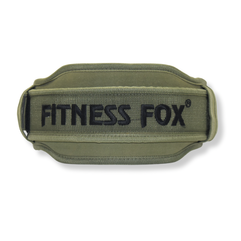 Durable 5” wide olive green neoprene weightlifting belt with double back support by Fitness Fox