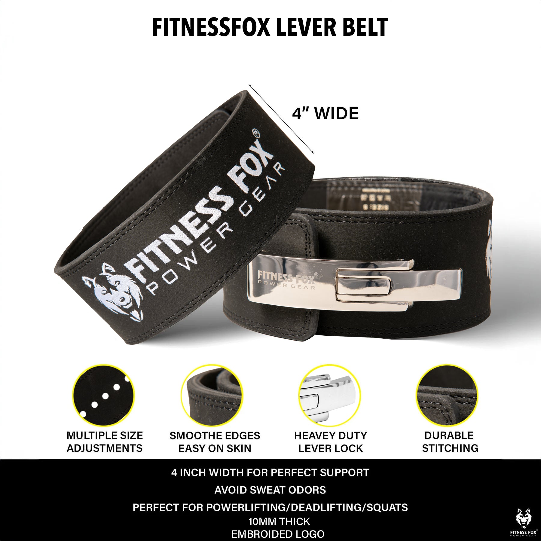 FITNESS FOX 10MM Lever Weightlifting Belt with Suede Leather