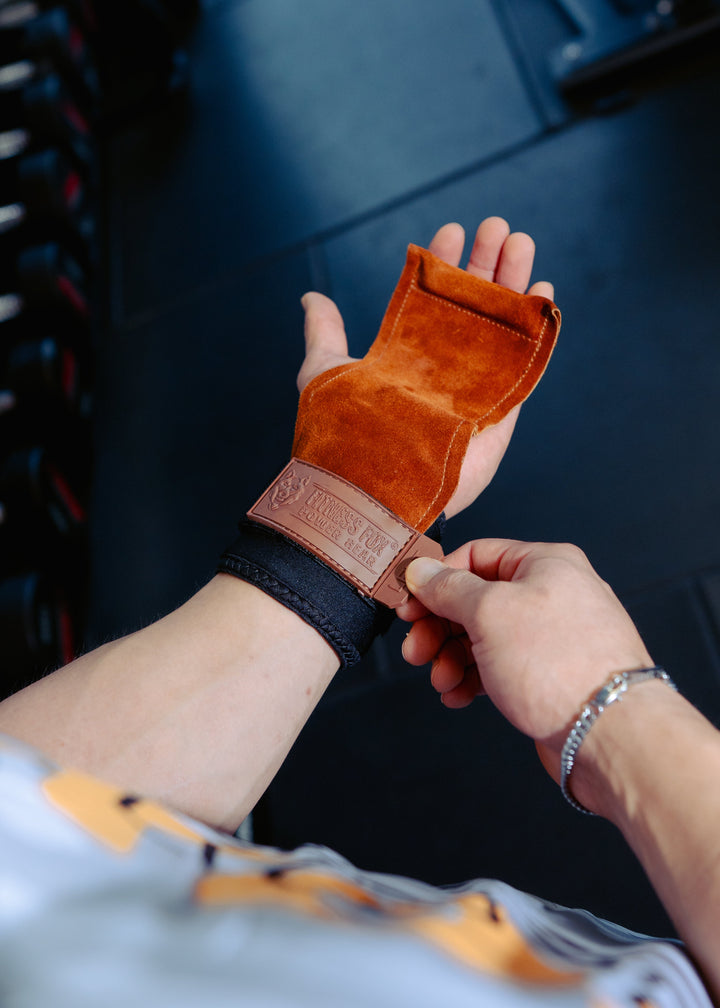 Dark Brown Suede Leather Grips with padded wrist support