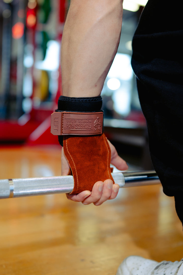 Dark Brown Suede Leather Grips with padded wrist support