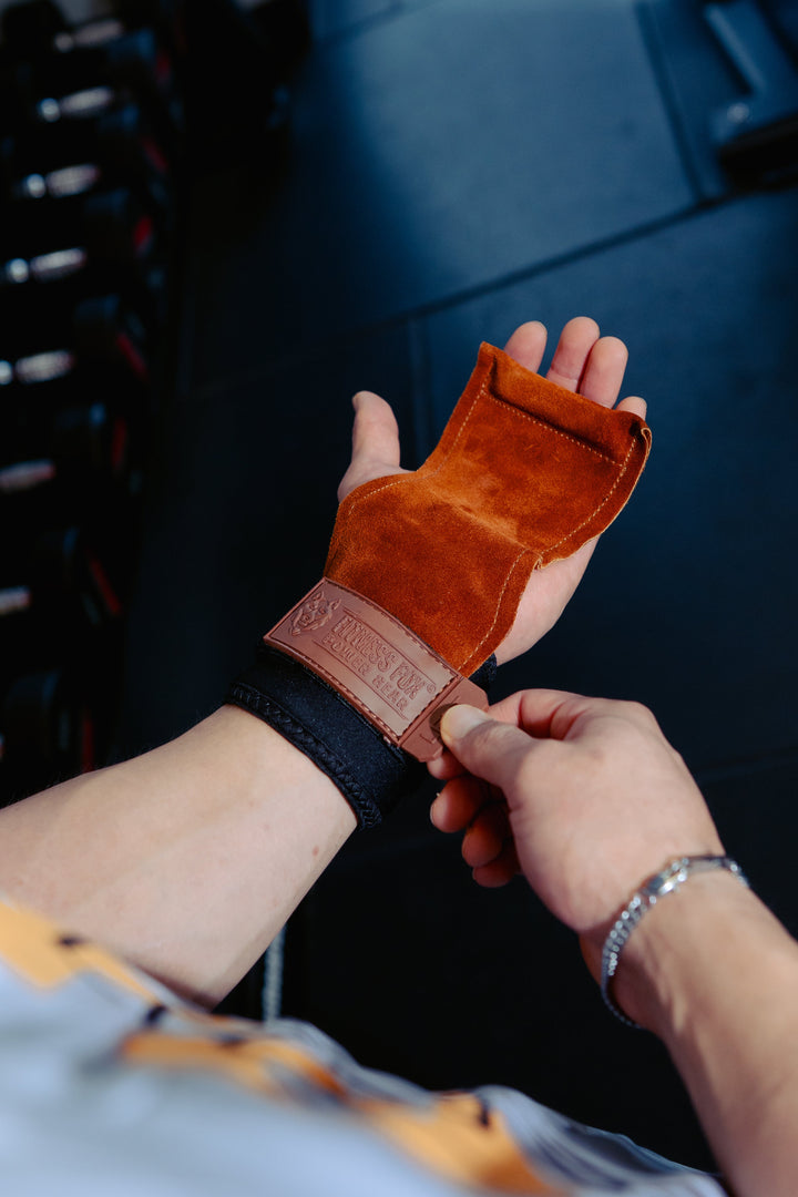 Dark Brown Suede Leather Grips with padded wrist support