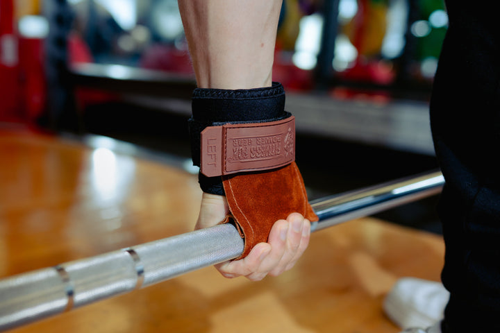 Dark Brown Suede Leather Grips with padded wrist support