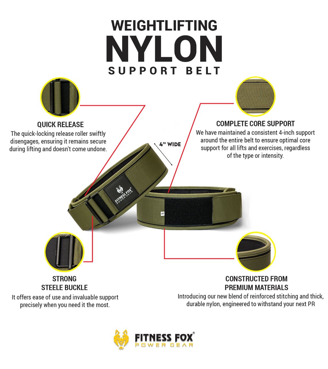 FITNESS FOX Quick Locking Weightlifting Nylon BELT for Bodybuilding & Powerlifting