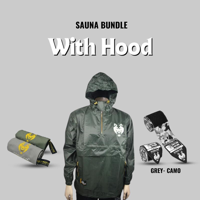 Half Zipper Sauna Jacket With Hood + Sweat Towel + Boxing Wraps Bundle