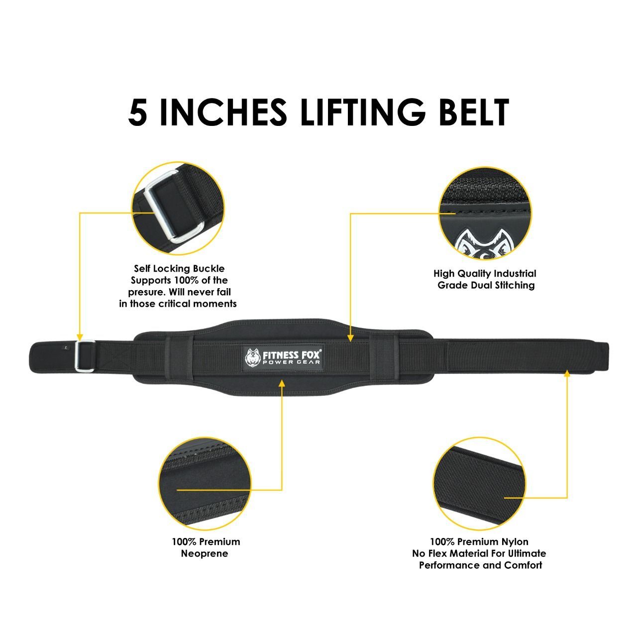 FITNESS FOX 5Inch Weightlifting Neoprene Belt-Double Back Support Bodybuilding & Gym Training Belt