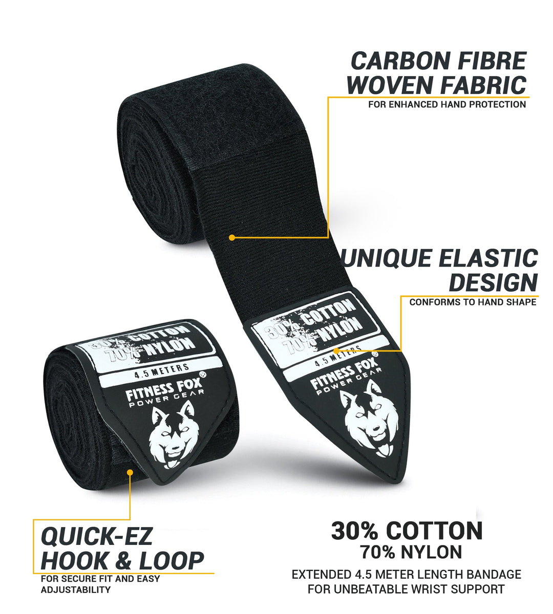 FITNESSFOX Boxing Hand Wraps (Black)