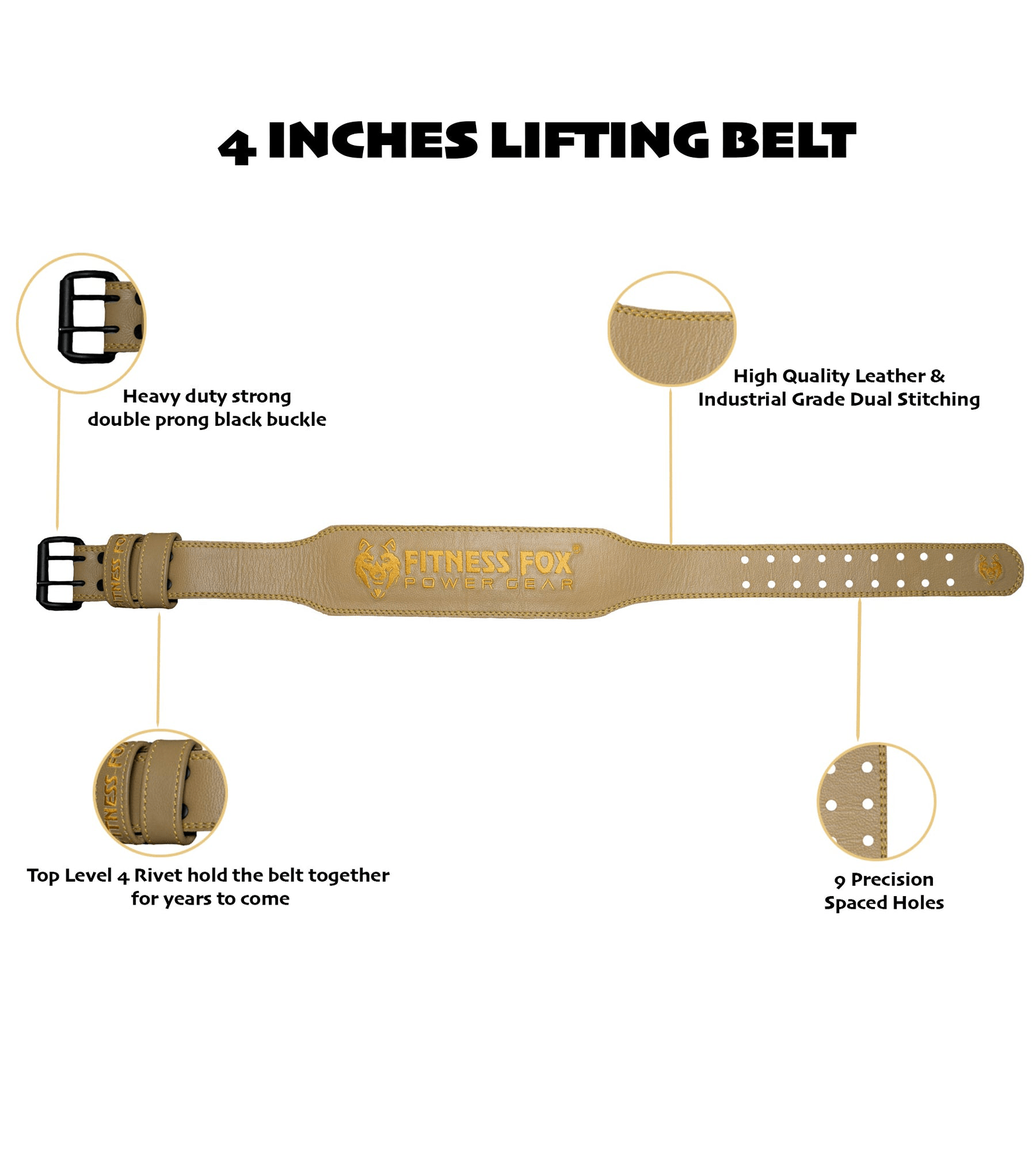 FITNESS FOX 4" TANBROWN Weightlifting LEATHER Lifting Belt (GOLD EDITION)